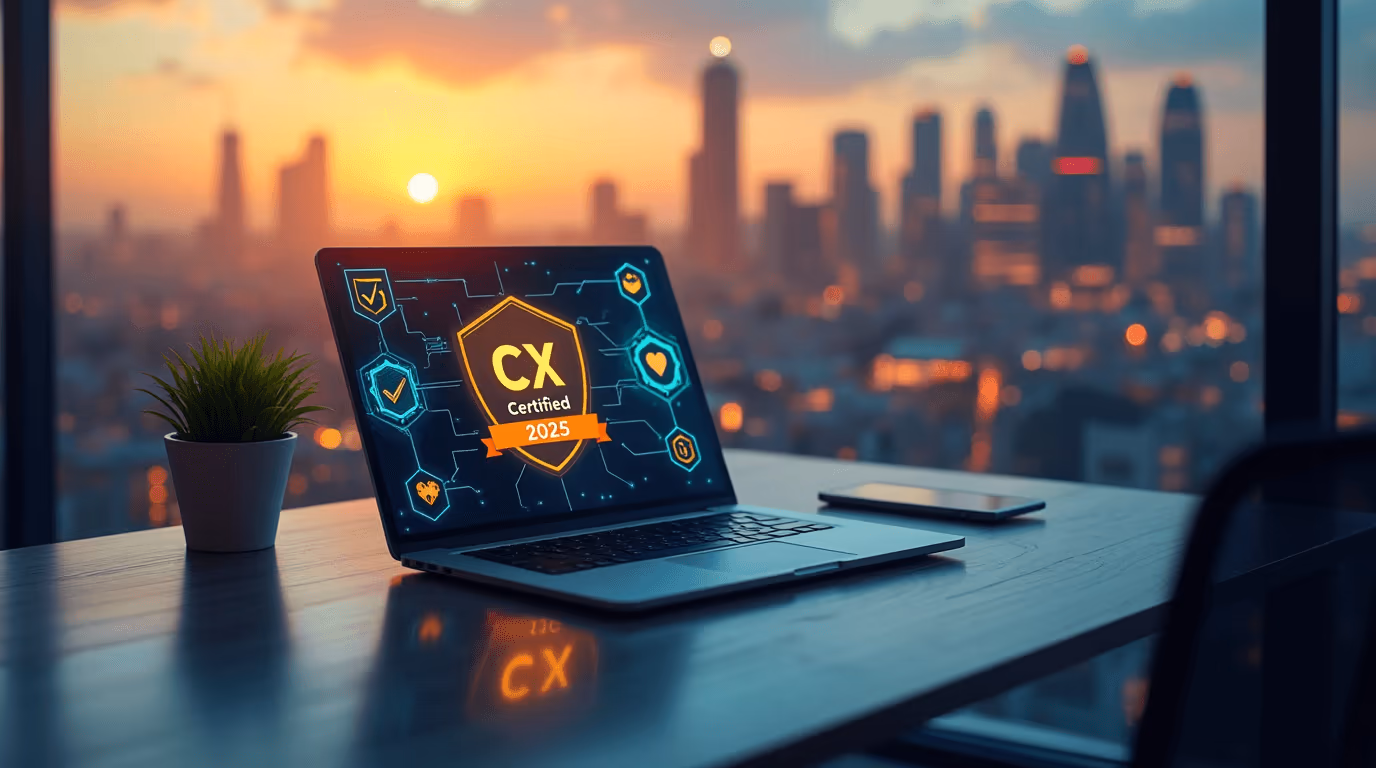 Laptop on a desk displaying a CX Certified 2026 badge, with a checklist, stopwatch, and heart icon around it, set against a city skyline at sunrise.