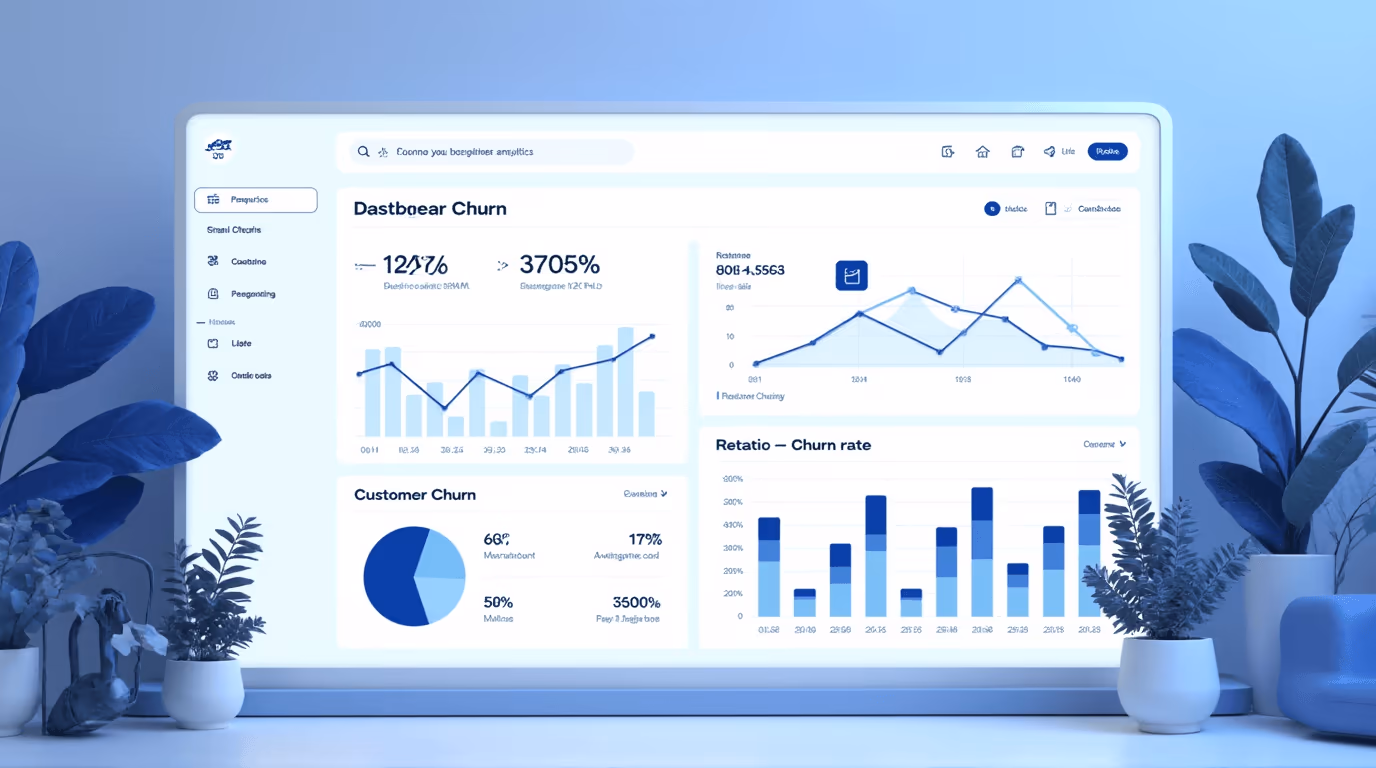 Business analytics dashboard showing customer churn metrics: cohort curves, retention rates, and at-risk account flags.