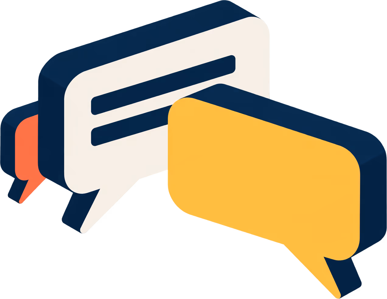 Isometric illustration of three overlapping speech bubbles, the front one a solid block of amber