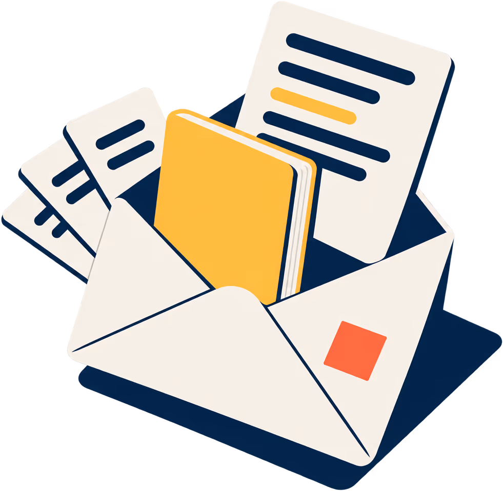 Isometric illustration of an open envelope with a letter, a guide and past issues inside